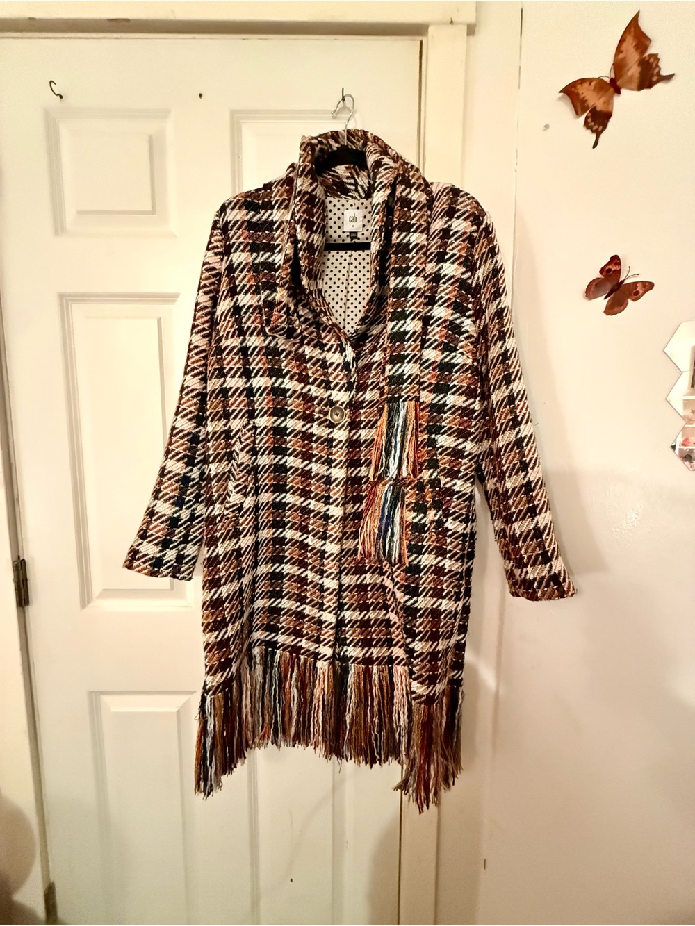 Cabi Plaid Fringe Open-Front Coatigan in Multi Brown